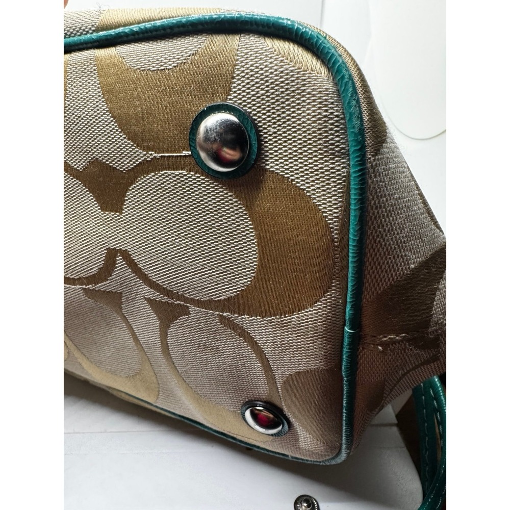 Coach F21949 Signature Stripe Carryall Khaki Jade Green Purse Near Mint - Picture 3 of 12